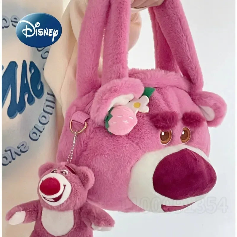 Disney Strawberry Bear New Girl Plush Shoulder Messenger Bag Cartoon Cute Girl Handbag Fashion Trend Plush Girl Bag High Quality