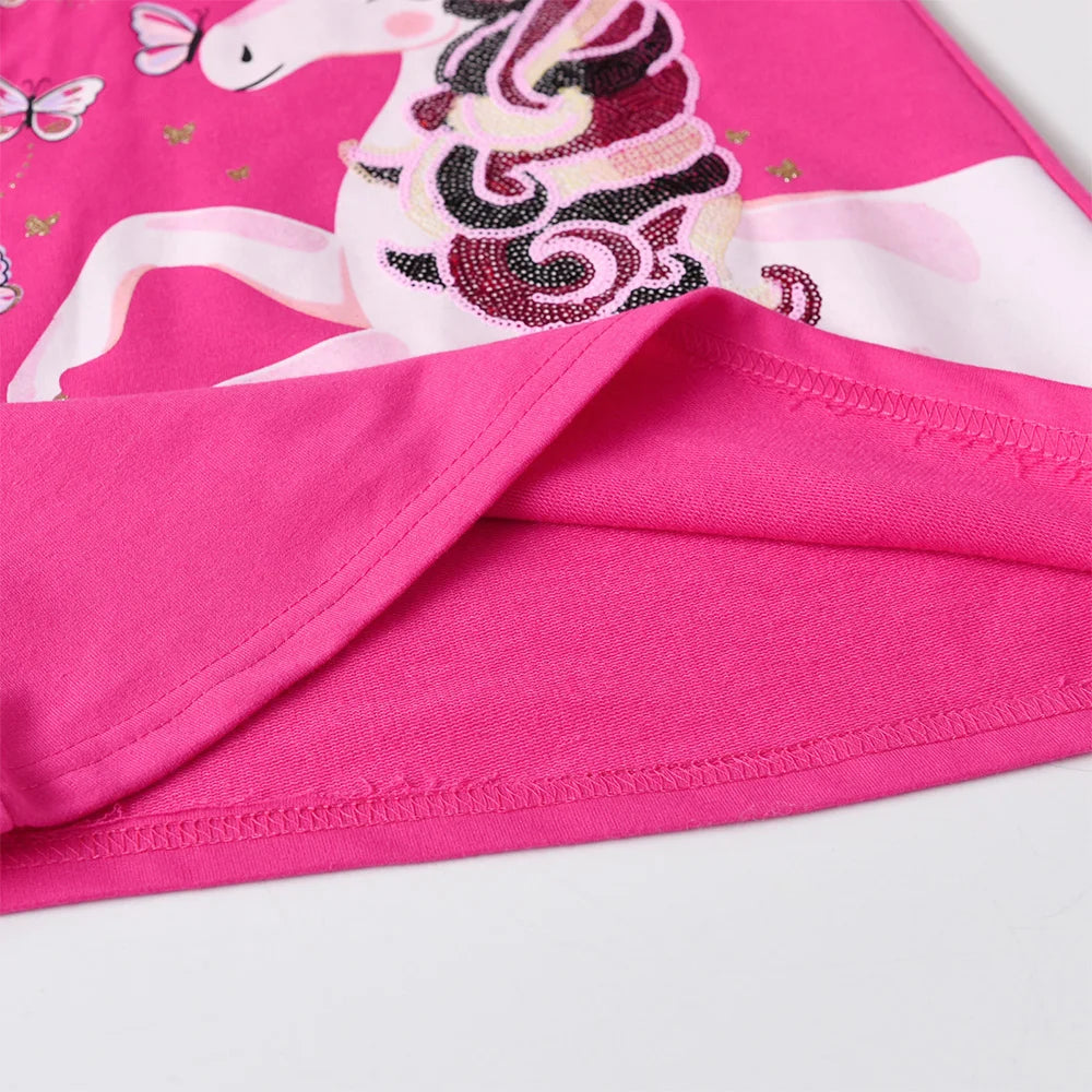 VIKITA Kids Cotton Casual Street Fashion Dress Girls Licorne Butterfly Sequined Appliqued Hooded Dresses Kids Cute Pink Dress