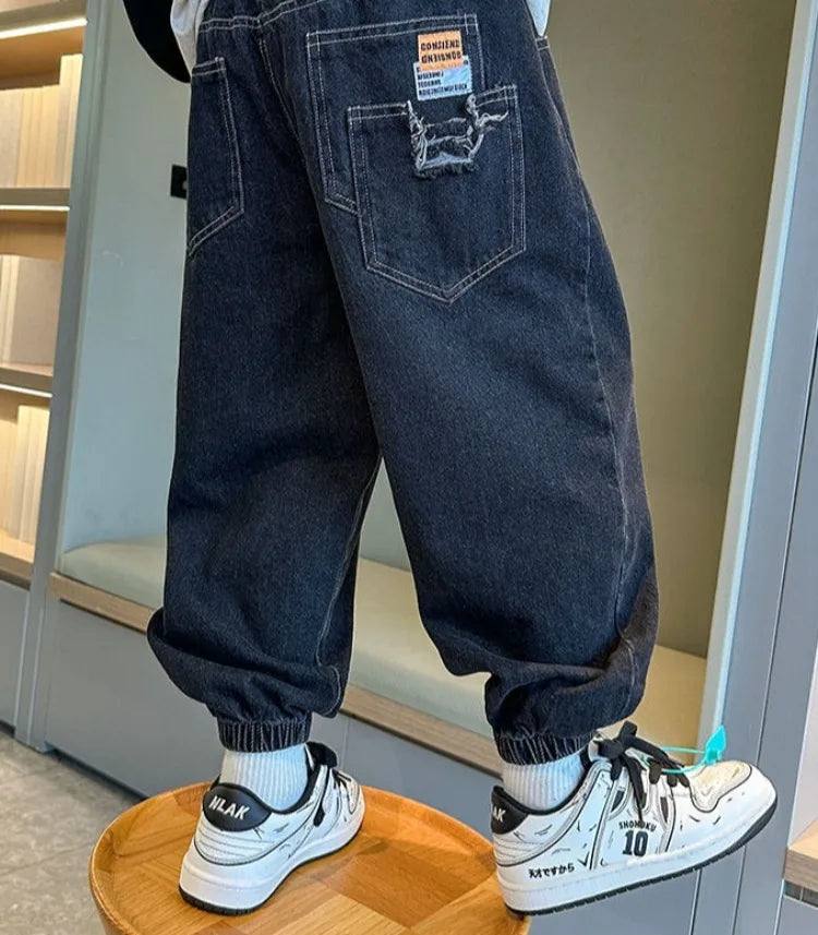 2025 New Boys' Denim Jeans Spring Autumn Kids Casual Sport Pants Long Korean Style Trendy Streetwear