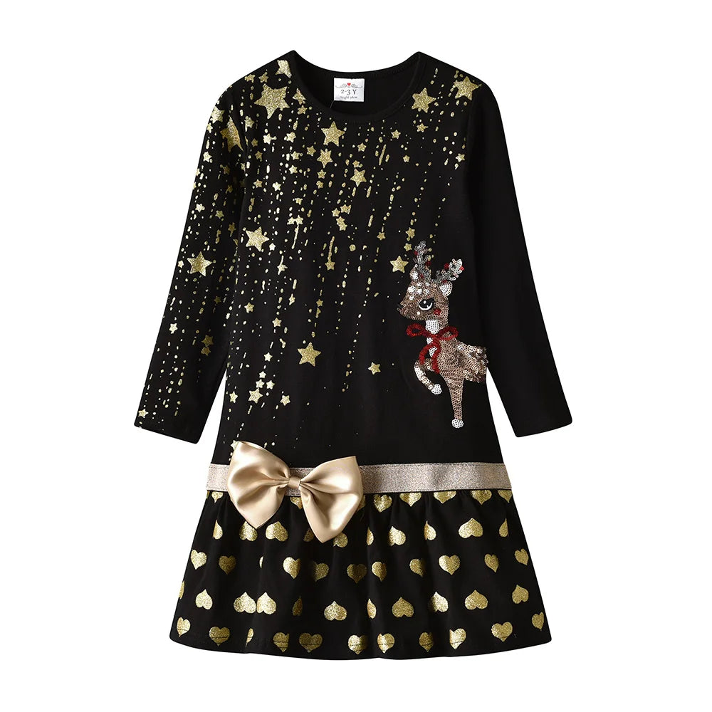 VIKITA Girls Christmas Dress Kids Golden Stars Reindeer Sequined Appliqued Festival New Year Holiday Party Bow Knot Gift Dresses