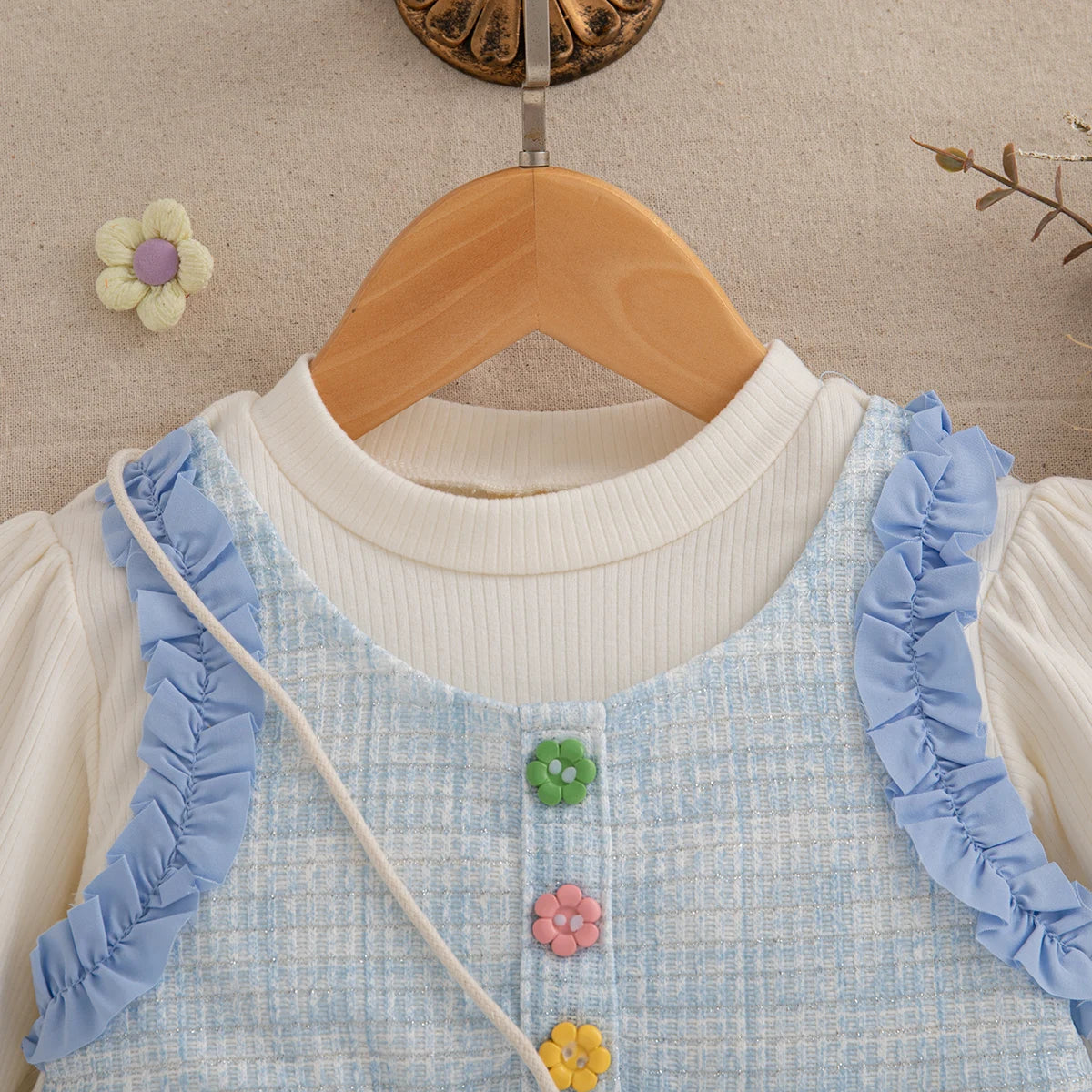 9 Months -3 Years Old Spring And Autumn New Simple Striped Baby Girl Dress, White Long Sleeved Children'S Clothing + Flower