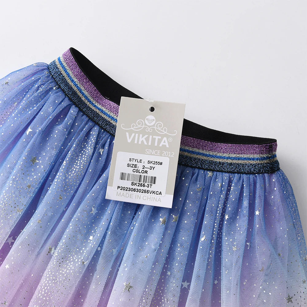VIKITA Girls Gradient Skirts Kids Star Sequins Elegant Fashion Skirt Kids Mesh Tulle Princess Mini Skirt Children Clothes 3-8Yrs