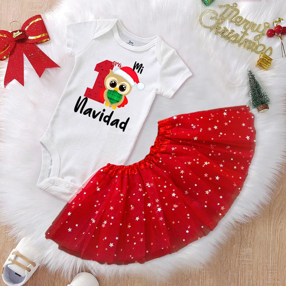 Mi 1ra Navidad Baby Tutu Skirt Set Christmas Little Deer Pattern Infant Dress Newborn Bodysuit+Cake Skirts Xmas Baby Clothes