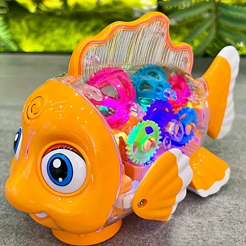 Transparent Electric Gear Gold Fish Toddler Toys with Music & Lights Bump & Go Educational STEM Toys for Babies Tummy Time Gifts