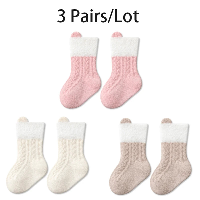 3/6 Pairs Newborn Socks Autumn Winter Thick Solid Color Kids Socks Mid-Tube Baby Socks For Boys And Girls