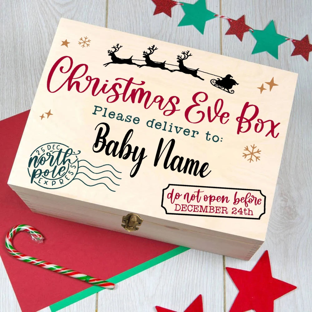 Personalized Christmas Eve Box Custom Xmas Gift Wood Box Boys Girls Cute Christmas Present Box Kids Santa Holiday Gifts Box