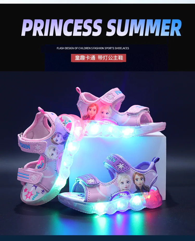 Disney Boys Girls Frozen Elsa Princess Led Light Up Luminous Sports Sandals Summer Kids Sandals Non-slip Toddler Shoes Size 21-3