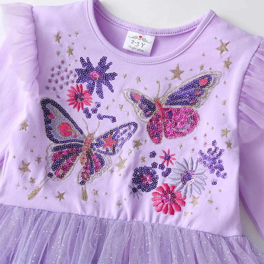 VIKITA Winter Princess Dress Flying Sleeve Children Birthday Party Costumes Cake Layer Tutu Kids Dress Butterfly Sequin  Clothes