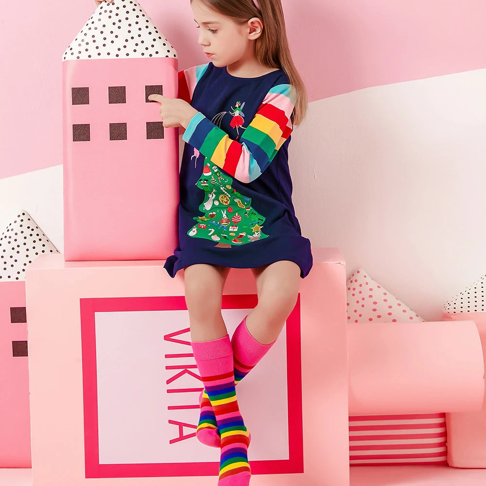 VIKITA Girls Christmas New Year Dresses Kids Elk Snowflakes Print Long Sleeve Autumn Winter Princess Cute Fashion Dress 3-12 Yrs