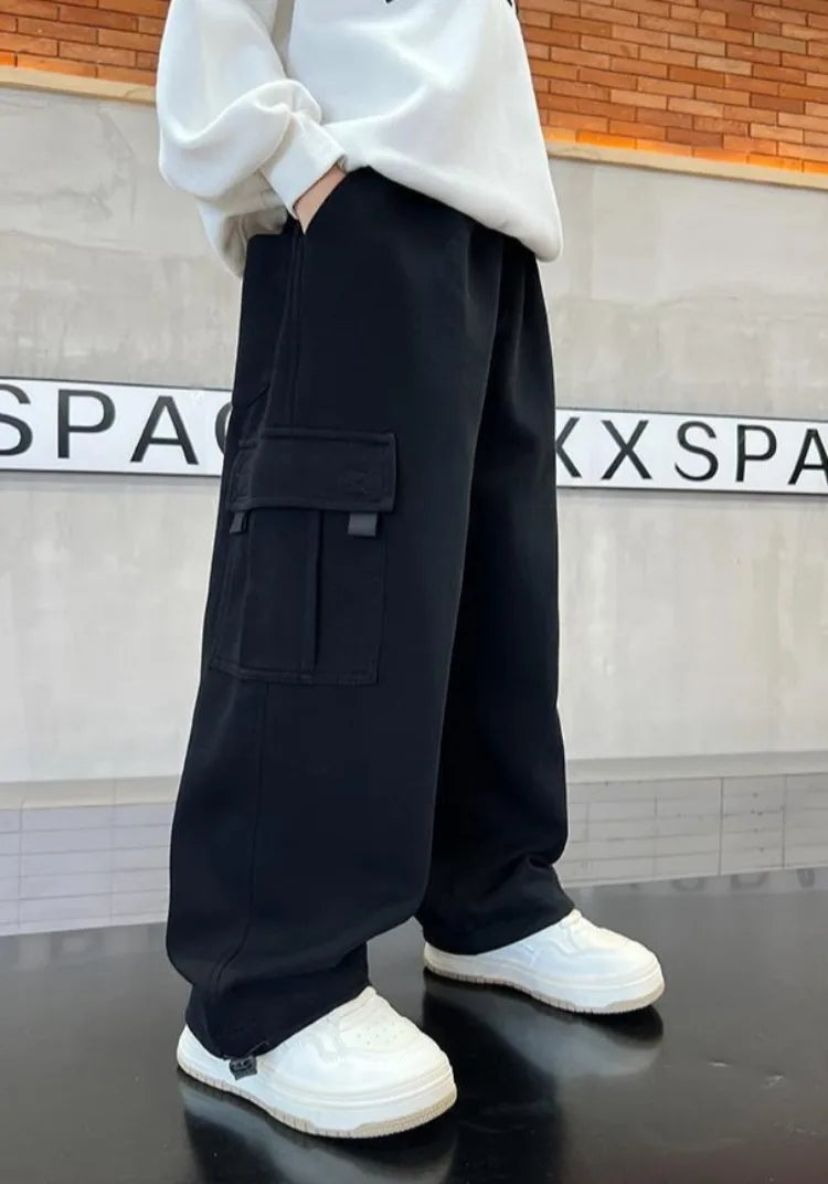 2025 New Boys Autumn Winter Fleece-Lined Sports Cargo Pants, Big Boy Streetwear Trends, Warmth & Comfort