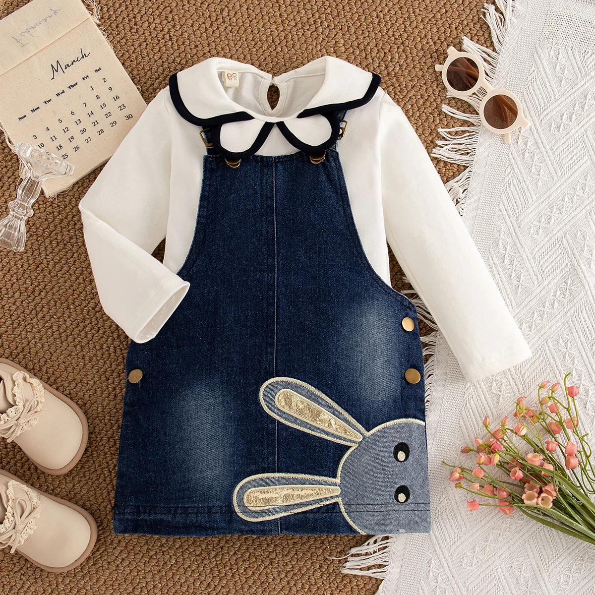 Spring And Autumn New Baby Girl Two Piece Set, White Long Sleeve Top+Beef Strap Skirt Children'S Clothing (9 Months -4 Years)