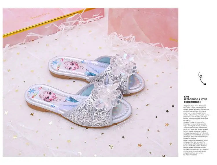 Disney Children's Sandals Frozen Slippers Fashion Elsa Princess Shoes Crystal Flowers Non-slip Blue Pink Silver Girls' Sandals