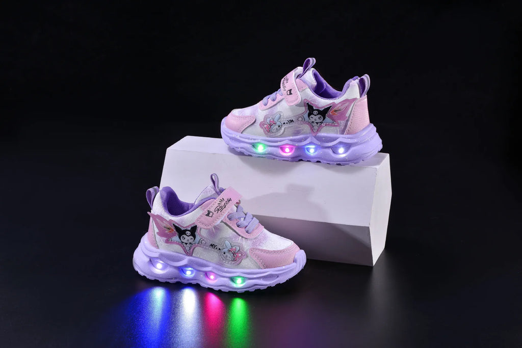 Kids'Casual Shoes Girls Led Light Cartoon PU Leather Spring Fashion Flat Bottom Anti-slip Soft Bottom Pink Purple Size 21-30