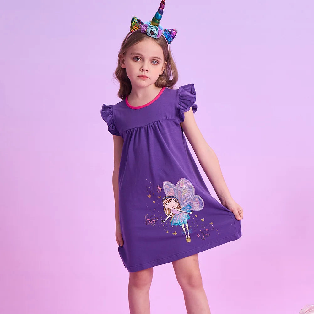 VIKITA Girls Summer Flare Sleeve Cotton Casual School Daily Frocks Purple Fairy Elf Butterfly Sequins Sparkling Straight Dress