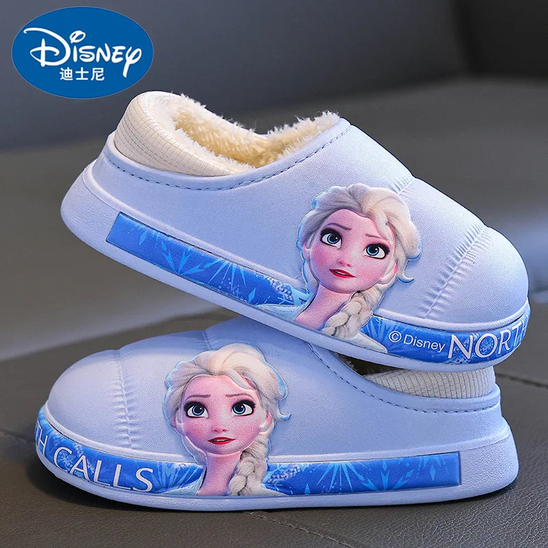 Disney Princess Elsa Girls' Cotton Frozen Winter Waterproof Wool Slippers Cartoon Parent Children's Blue Slippers Size 24-36