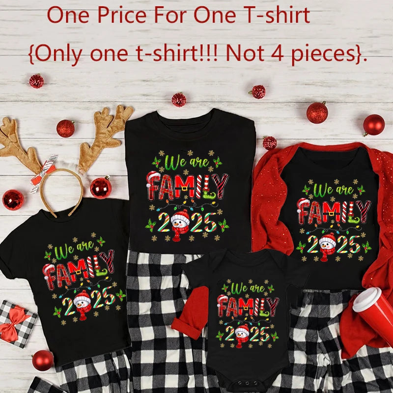 Family Christmas 2025 Matching Clothes Mom Dad Kids T-shirt Infant Baby Romper Deer Face Print Children Tees Xmas Gift for Party
