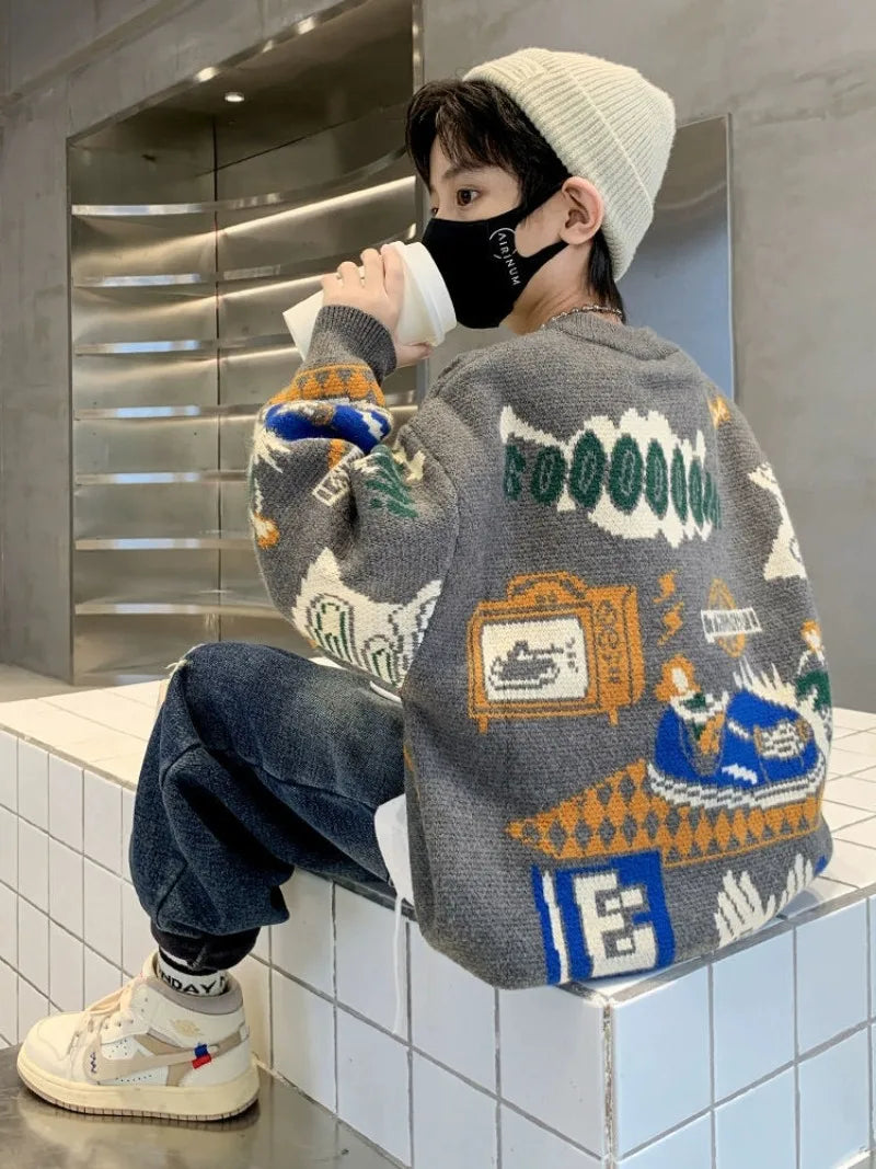 2025 New Boys' Autumn/Winter Fleece-Lined Thickened Pullover Knit Sweater - Warm Base Layer for Kids, Trendy & Cozy Design