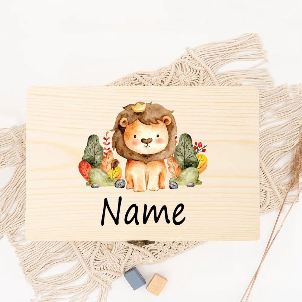 Personalized Baby Wood Box Cute Animal Print Toddler Memory Box Custom Name Infant Keepsake Box Newbron Shower Gift Kids Present