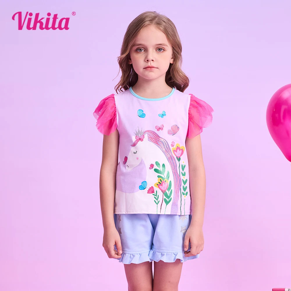 VIKITA Girls Flare Sleeve Summer T Shirt Kids Unicorn Flower Print Cartoon T Shirts Kids Casual Daily School Cotton Casual Tops
