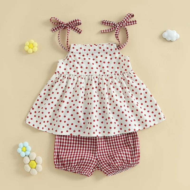 Toddler Girl Sleeveless Ruffle Top and Shorts Set with Cute Bow Detail and Elastic Waistband for Summer Beach Outfits