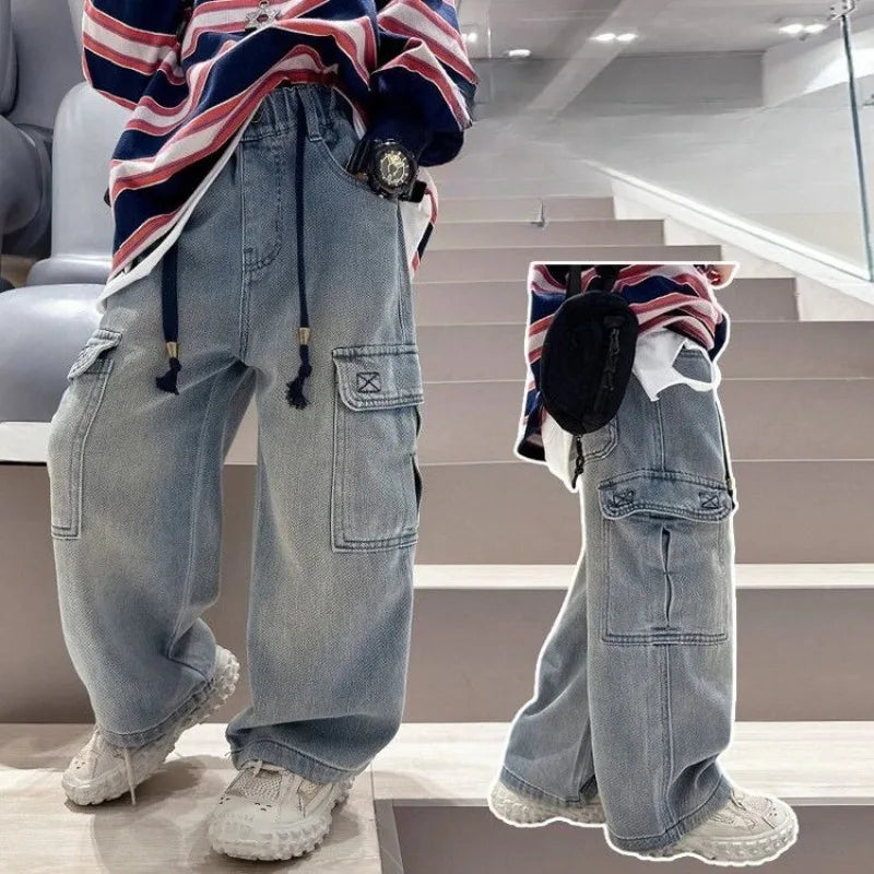 2025 Spring Autumn New Boys Loose Straight Jeans Lightweight Casual Pants for Tween Boys - Premium Denim Straight Leg Long Pants