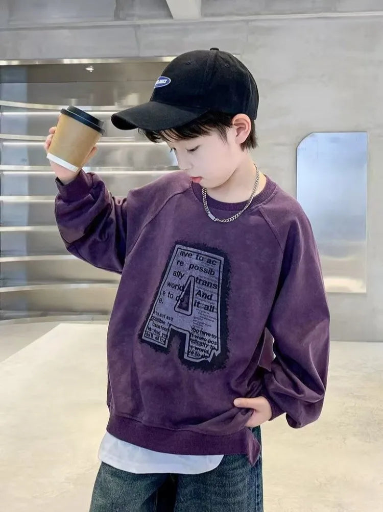 Boys' Medium-Large Spring Stylish Street-Style Letter Print Long Sleeve No Hood Sweatshirt