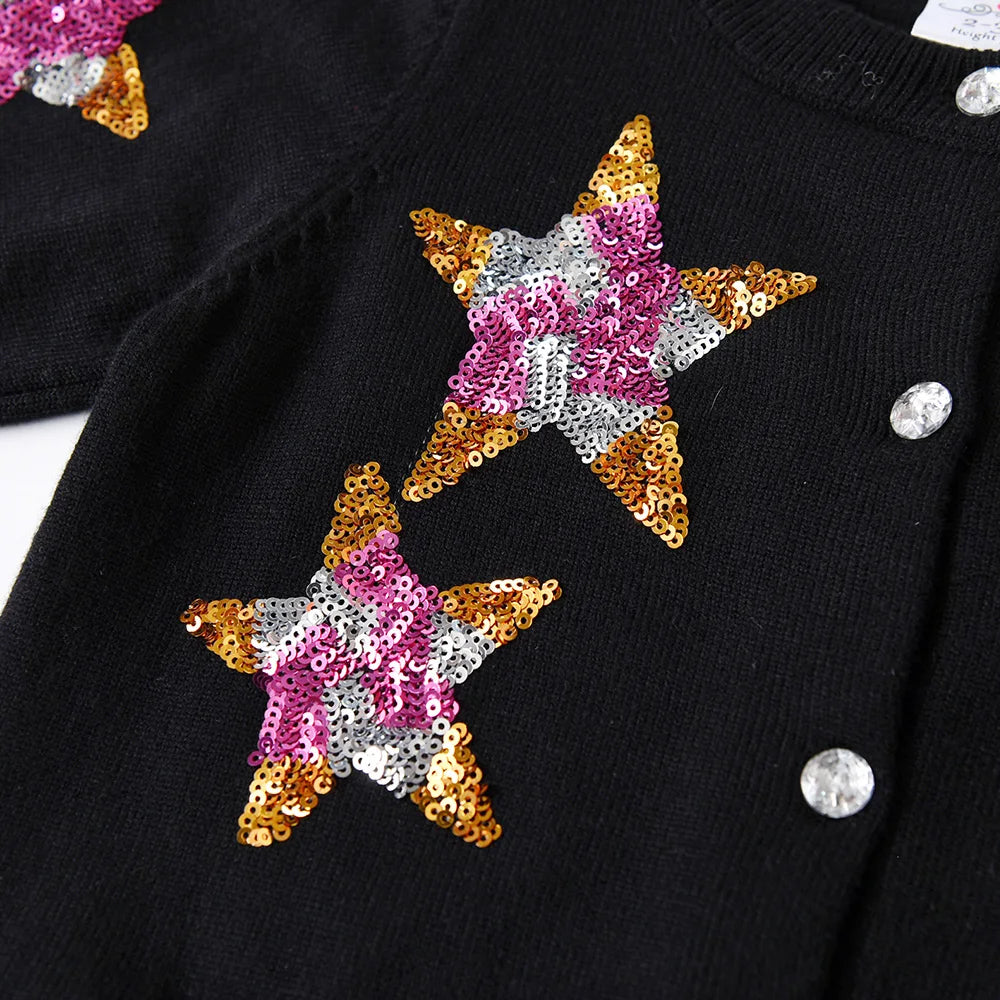 Toddlers Black Cardigans Girls Round Neck Button Spring Autumn Outfits Sweaters with Sparkly Sequined Star Appliqued Cardigans