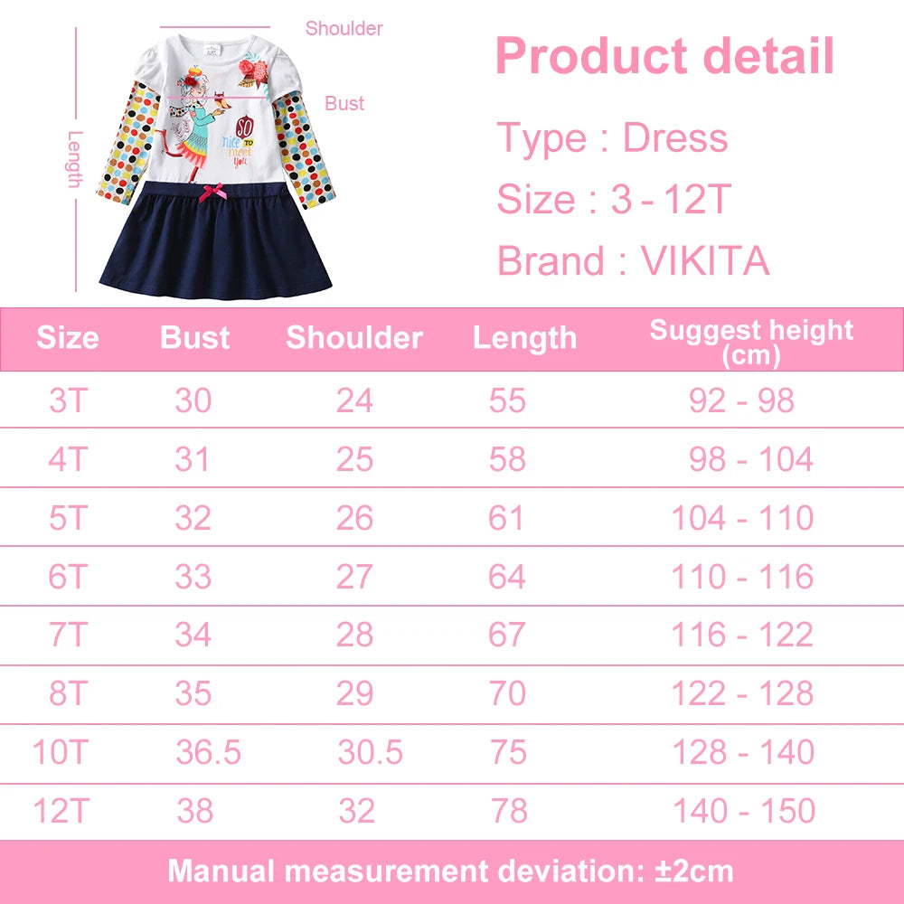 VIKITA Kids Cotton Dress Toddlers Long Sleeve Autumn Spring Doll Floral Print Dresses Girls Casual School Daily Cute Dress 3-8Y