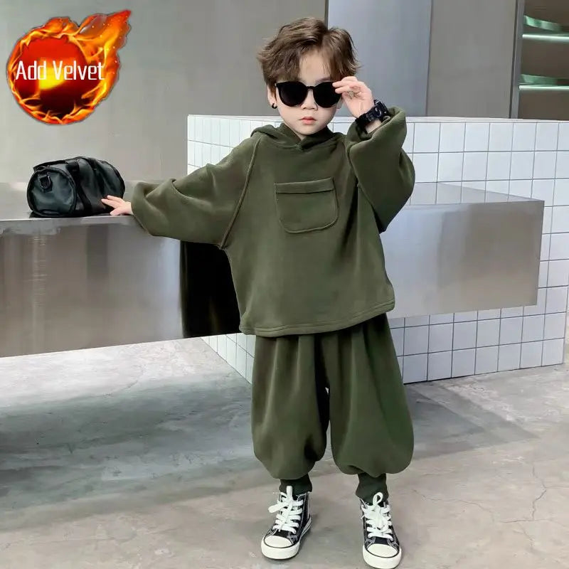 2025 New Boys' Cool-Style Autumn-Winter Polar Fleece Two-Piece Outfit