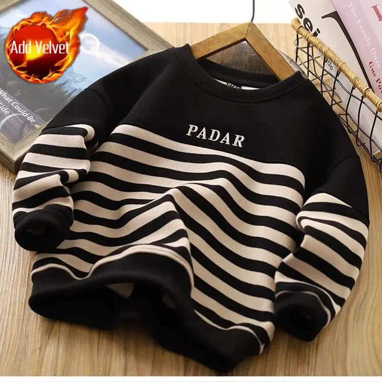 Boys' 2025 New Arrival No Hood Double Fleece-Lined Thickened Striped Crewneck Sweatshirt Autumn/Winter Trendy