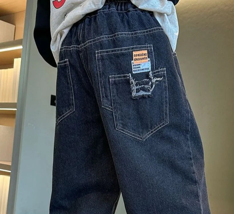 2025 New Boys' Denim Jeans Spring Autumn Kids Casual Sport Pants Long Korean Style Trendy Streetwear