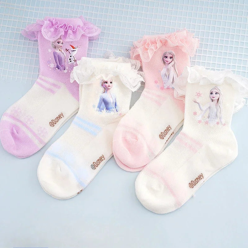 4 Pairs Children's Girl Elsa Socks Children's Spring and Summer Thin Hollow Cotton Lace Socks Short Socks H3134