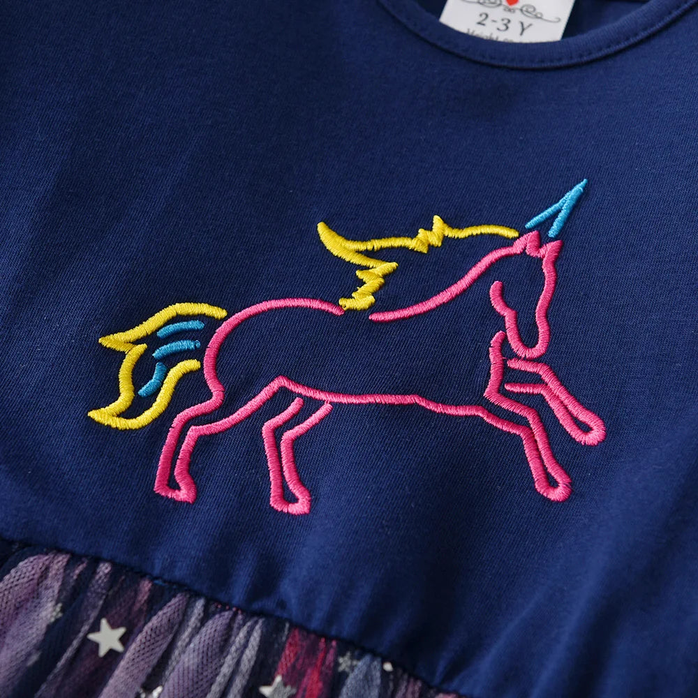 VIKITA Girls Navy Blue Long Sleeve Licorne Embroidery Autumn Spring Fashion Dress Kids Galaxy Starry Tulle Mesh Princess Dress