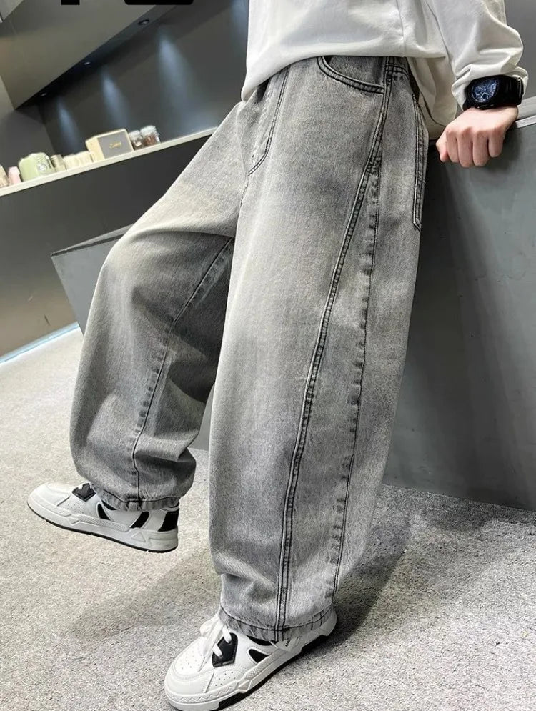 Light Grey Boys' Denim Pants Spring Autumn Casual Relaxed Fit Medium To Large Kids Jeans