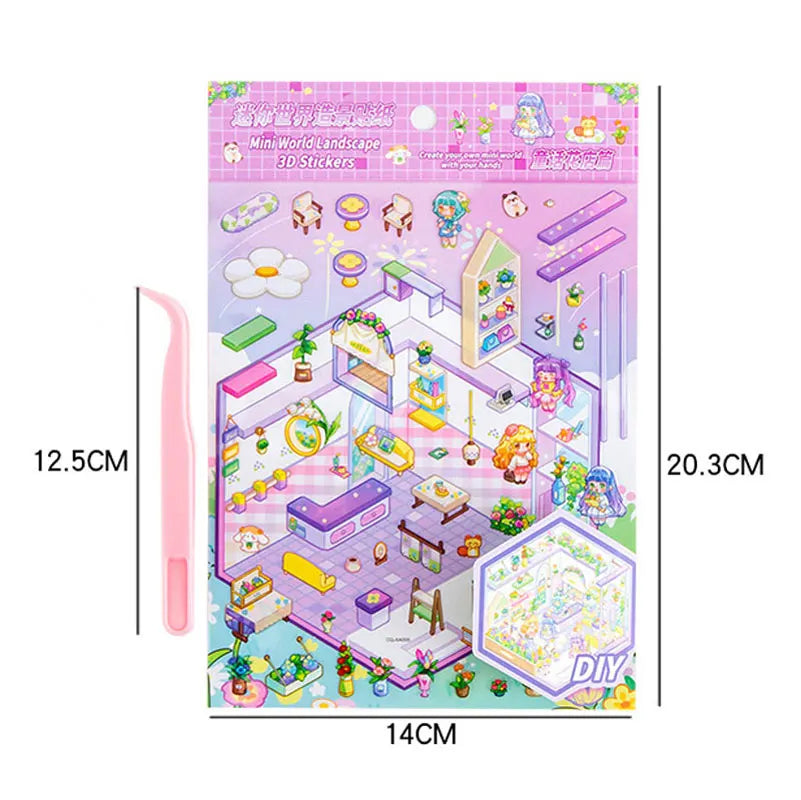 DIY 3D Sticker+Tweezers Cartoon Pocket Princess Room Scene Stacking and Pasting Festival Birthday Gift for Kid Child Student