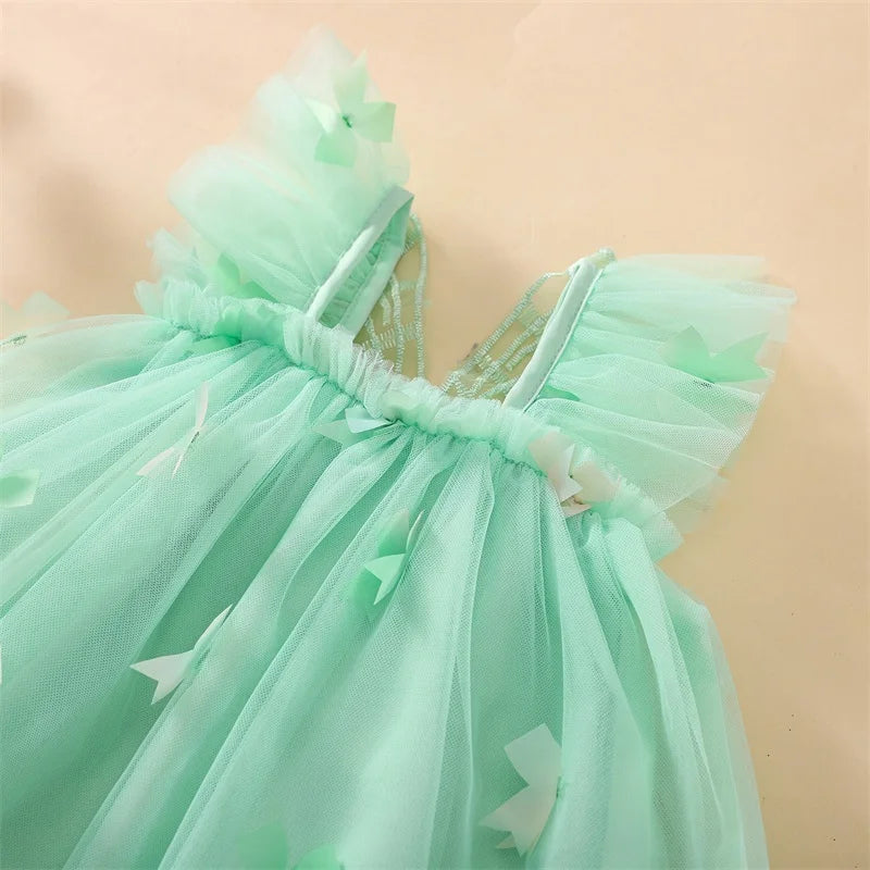 Elegant Baby Girl Lace Dress Sleeveless Square Neck Bow Tulle Princess Dress Toddler Party Dress with Angel Wings