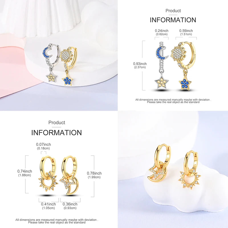 925 Sterling Silver Plated Gold Drop Earrings Star Sun Moon Earrings Removable Circle Heart Earrings For Women Hoop Earrings