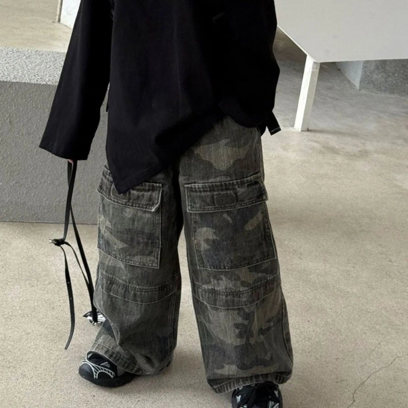 Boys' Vintage Hip-Hop CAMO Wide-Leg Jeans Kids' Spring Autumn 2025 New Release Medium-Large Denim Pants