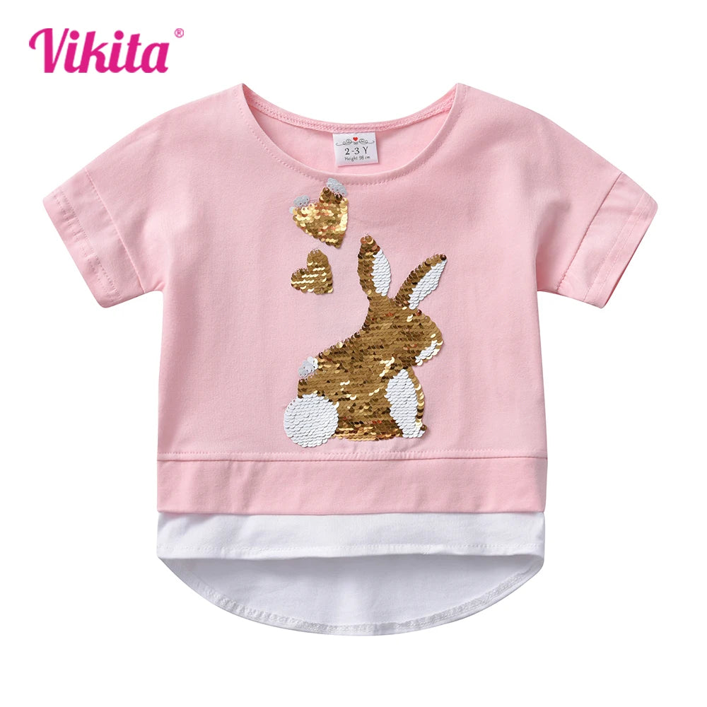 VIKITA Girls Rabbit Appliqued Cartoon T Shirt Kids Short Sleeve Summer Cotton Tops and Tees Girls O Neck Pink Princess T Shirts