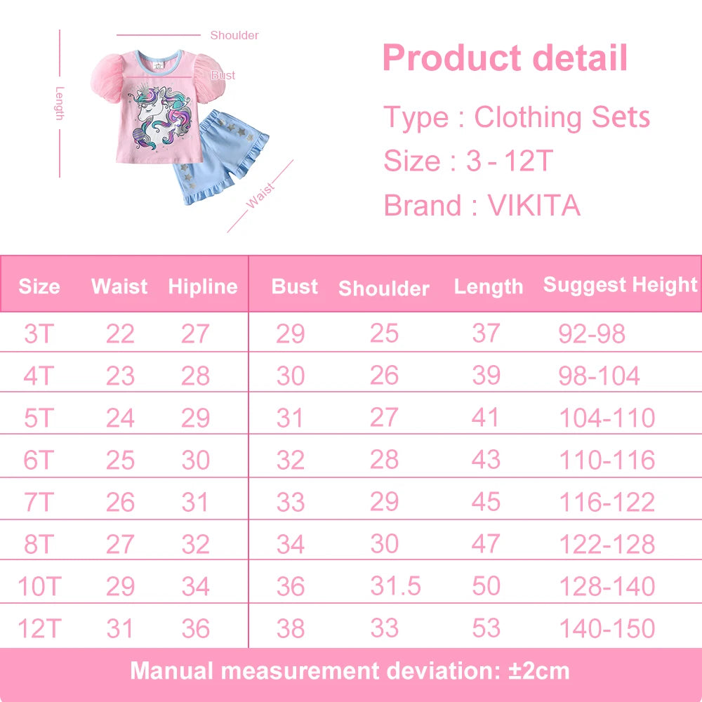 VIKITA Girls Clothing Sets for Summer Kids Unicorn Cartoon Print Short Sleeve Cotton T Shirt and Ruffles Shorts Pants 2 Pcs Suit