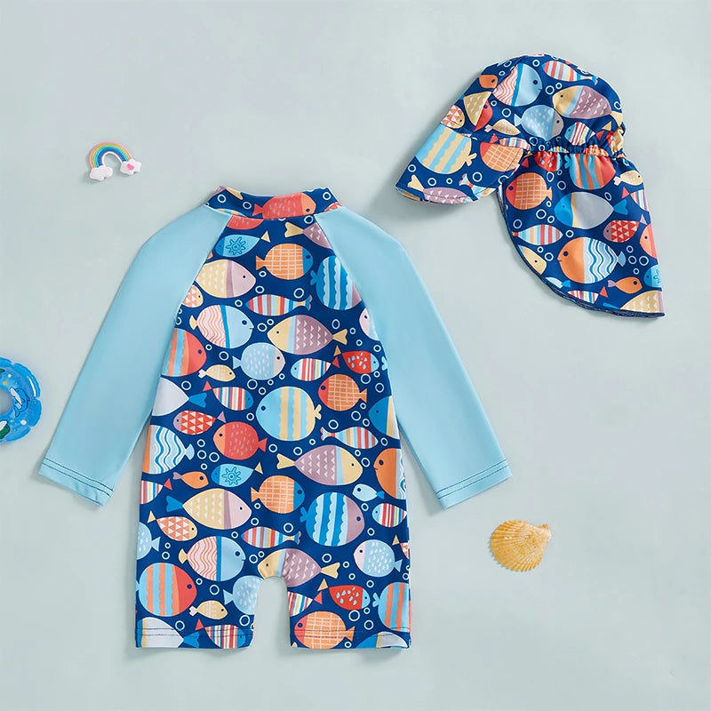 Toddler Boy UV Protection Swimsuit Set with Fish Print Long Sleeve Rash Guard Half Zipper and Sunhat for Sun Safety