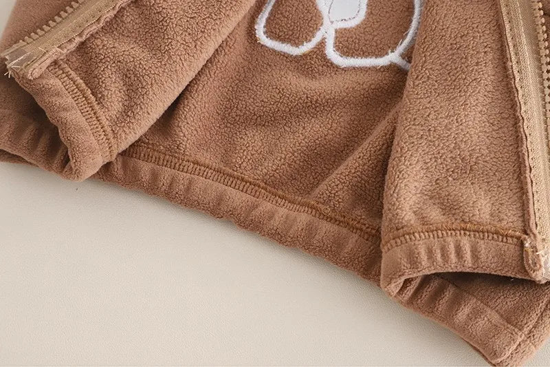 Autumn Winter Baby Boys Warm Clothes Set Thick Fleece Cartoon Bear Zipper Hooded Jacket Pants 2Pc For 1-5 Years Girls Sport Suit