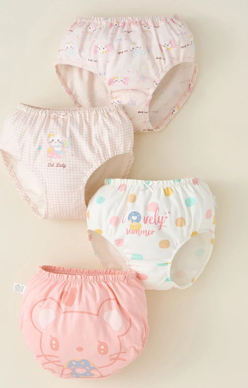 4PCS Cotton Soft Antibacterial Briefs for Girls Breathable Comfort Panties 3+y Young Children Clothing Kids Cute Print Underwear
