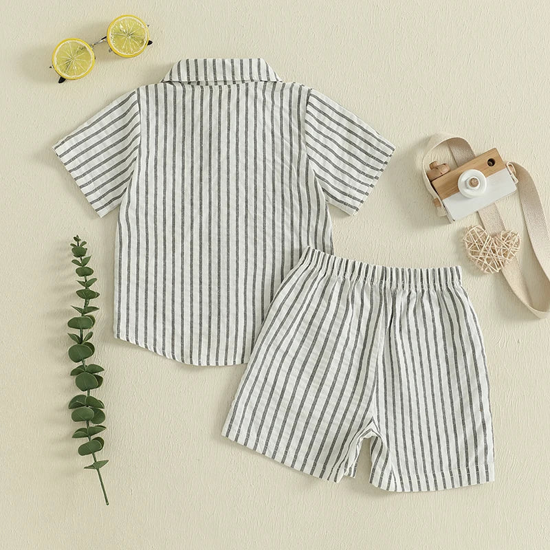 Infant Boy s 2-Piece Outfit Set with Striped Collared Shirt and Elastic Waist Shorts for Summer Wear Toddler Baby Boy Clothes