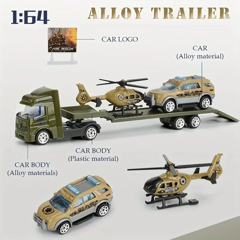 Friction Powered Carrier Truck Toy Push and Go Construction Car Toy Alloy Tow Trailer Trucks Set Gift for Toddlers Boys Girls