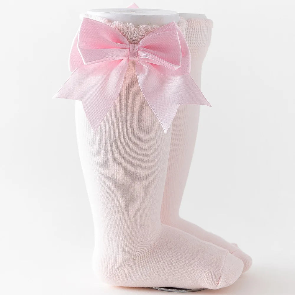 1 Pair Spanish Style Girls Socks Solid Color Big Bow 100% Cotton Baby Children Toddlers Long Socks Princess Knee High Socks