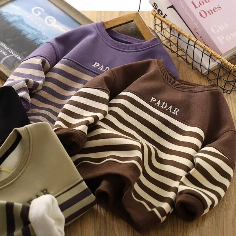 Boys' 2025 New Arrival No Hood Double Fleece-Lined Thickened Striped Crewneck Sweatshirt Autumn/Winter Trendy
