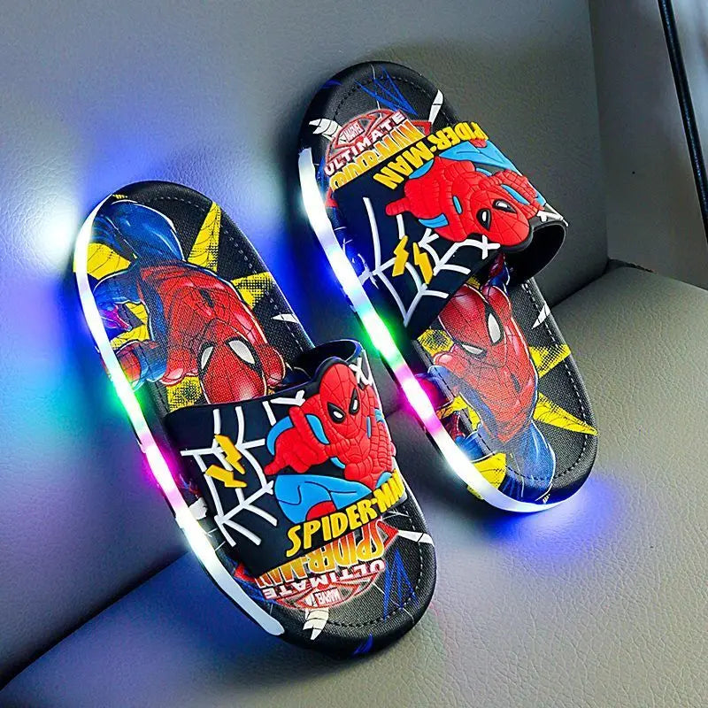 Disney Spider-Man Children's Slippers Non-slip Cartoon Light Soft Soled Slippers For Boys LED Light Luminous Children's Summer S