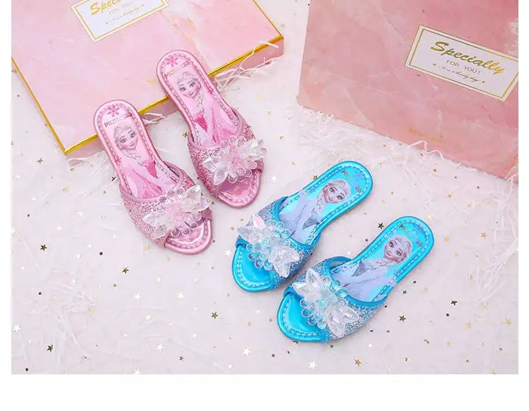 Disney Children's Sandals Frozen Slippers Fashion Elsa Princess Shoes Crystal Flowers Non-slip Blue Pink Silver Girls' Sandals