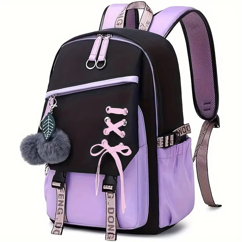 Large Capacity Schoolbag with Cute Plush Pendant Cute Girls Backpack Waterproof Nylon Fabric Bookbag for Kids Teens Students